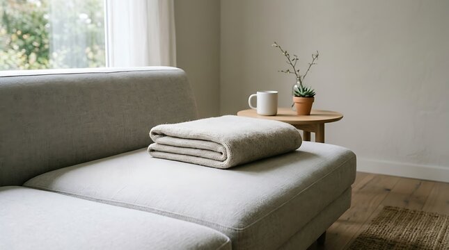 Cozy beige blanket folded on a modern grey sofa in a bright minimalist living room