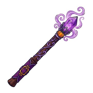 Magical wooden staff topped with a glowing purple crystal and a small pumpkin, wrapped in purple energy smoke on a white background