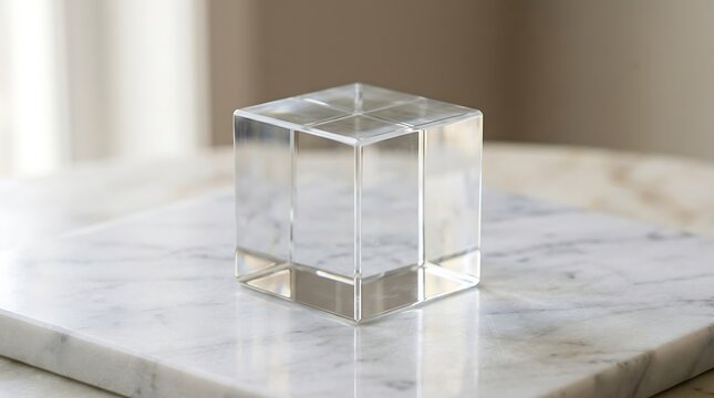 Clear glass cube on a white marble surface for minimalist product display