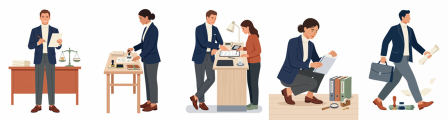 Fototapeta premium Set of vector illustrations depicting legal professionals like notaries and lawyers performing various office tasks and document processing.
