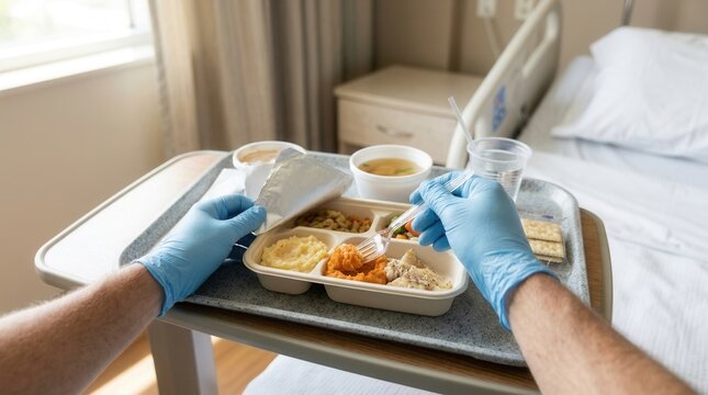 Patient's hand in blue gloves holding fork over hospital meal tray with mashed potatoes, chicken, vegetables, soup and crackers.