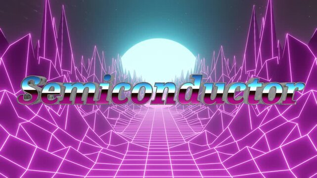 Retro synthwave landscape featuring glowing neon grid mountains and the word semiconductor in bold metallic typography against a bright sunlit horizon