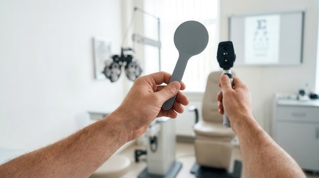 Perspective of patient holding an occluder and ophthalmoscope during an eye exam with eye chart and chair in background