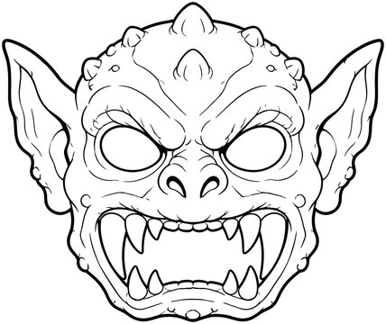 Black and White Line Drawing of Scary Goblin Face with Sharp Teeth
