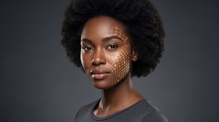 Obraz premium Black Woman Face with Digital Mesh Wireframe Glowing Grid for AI Skincare Tech