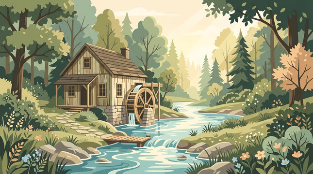 Minimalist flat vector illustration of an old wooden watermill cabin by a flowing forest river surrounded by green trees and wildflowers.