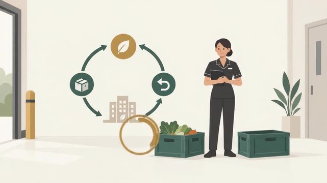 Animated supply chain lifecycle diagram with store employee and crates