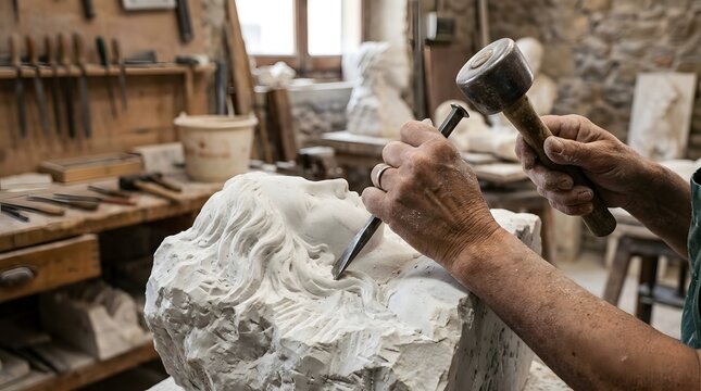 Experienced artisan's hands meticulously shape and refine a classical marble sculpture with a chisel and hammer, demonstrating traditional stone carving techniques in a workshop