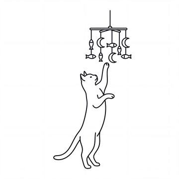 Playful cat vector outline reaching for a hanging moon and fish toy