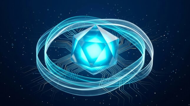 Glowing blue geometric crystal shape surrounded by light rings and cir
