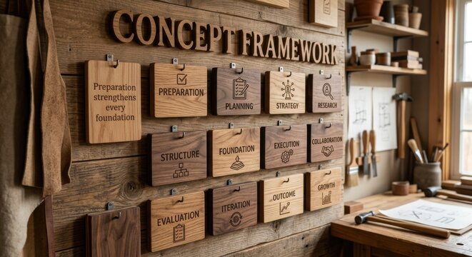 Wooden Concept Framework Display with Process Tiles on a Textured Wall
