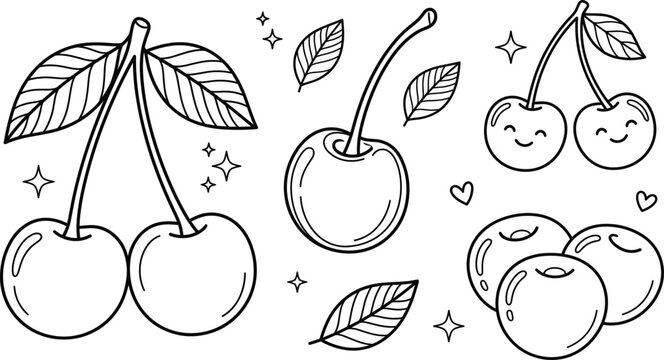 Fresh cherry berries line art vector set featuring whole fruits leaves branches cute smiling characters and stars doodle