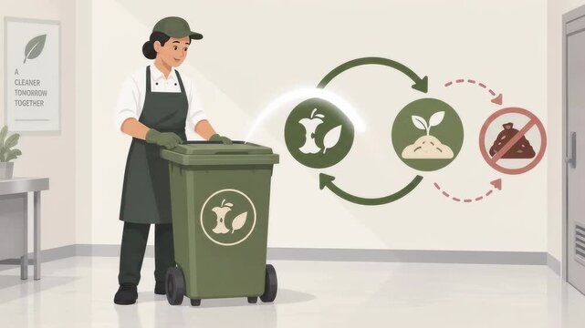 Animation of person sorting organic waste into compost bin with