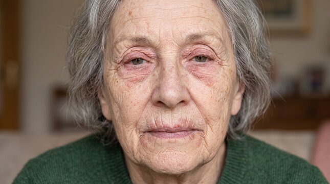 Frontal close up portrait of senior woman with severe periorbital dermatitis and dry scaly eye skin