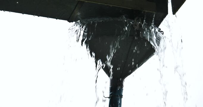Raindrops are trickling down the roof of the house, rainy season, heavy rainstorm in the forest.