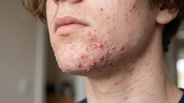 Severe facial acne pustules and pustular lesions on young male chin and jawline