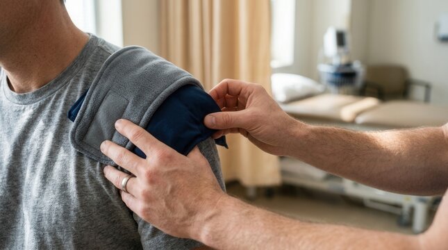 Physical therapist applies cold pack to patient's shoulder in clinic setting for pain relief and recovery.