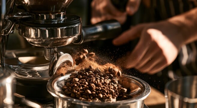 Barista grinding fresh coffee beans in a professional espresso machine