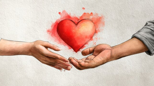 Two hands reaching towards each other with a glowing red heart floating between them on a textured background.
