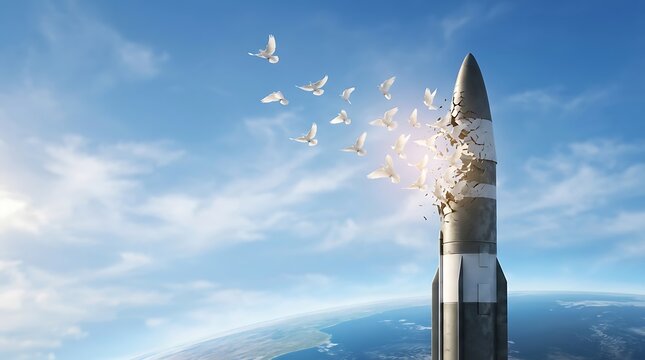 Conceptual image of a missile transforming into a flock of white doves in the sky.