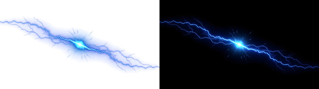 Electric Spark of intense blue lightning bolt with a bright energy core and branching currents ideal for power designs in PNG, Transparent and Black Background Versions
