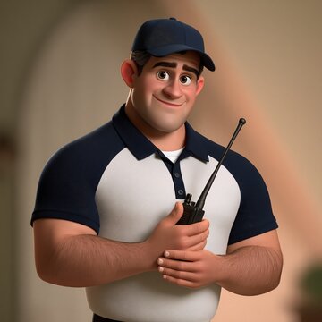 Security guard character holds a walkie-talkie while wearing a baseball cap and polo shirt.