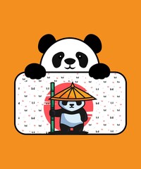 Cute panda cartoon holding blank banner with copy space, bamboo and Asian conical hat on orange background. Perfect for kids design, mascot, poster, sticker and social media. © Ideabaz Graphics