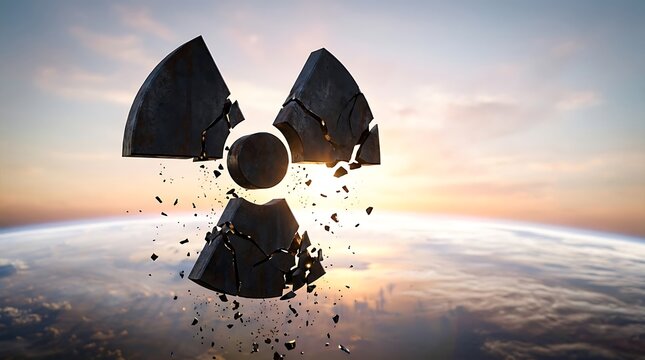 A crumbling radioactive symbol floating above the planet Earth in space.