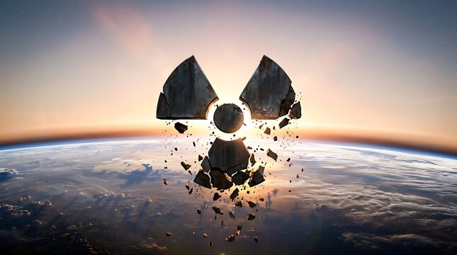 A crumbling radioactive symbol floating above the planet Earth in space.