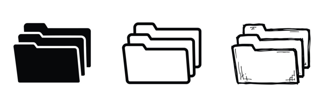 Folder icons set in solid outline and sketch styles document directory