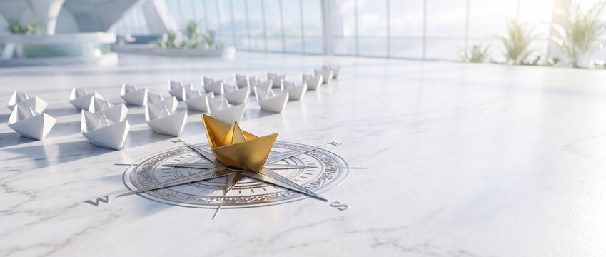 Golden paper boat on a large compass followed by white boats in a bright modern office interior, symbolizing leadership, business direction, and strategic guidance.