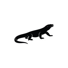 Fototapeta premium Black lizard silhouette walking with long tail, isolated reptile wildlife vector illustration for nature, logo and graphic design