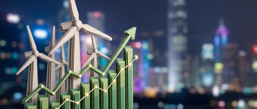 Green energy growth concept with wind turbines and rising financial bar chart against blurred city night background, symbolizing sustainable development and clean power investment success.