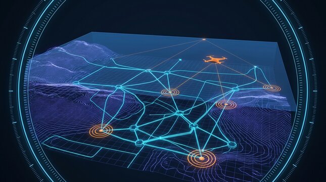 Marine bathymetric survey telemetry interface mapping seabed elevation wireframe contour mesh with offshore energy infrastructure subsea cable vector routes and naval drone surveillance