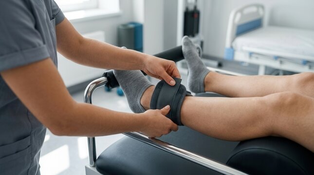 Physical therapist adjusting brace on patient's leg during rehabilitation in a modern clinic setting.