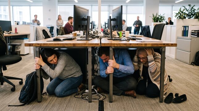 Office employees taking cover under desks during an earthquake safety drill