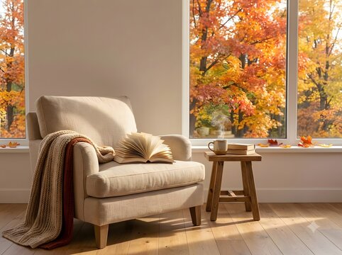 Cozy armchair with open book and autumn view through window