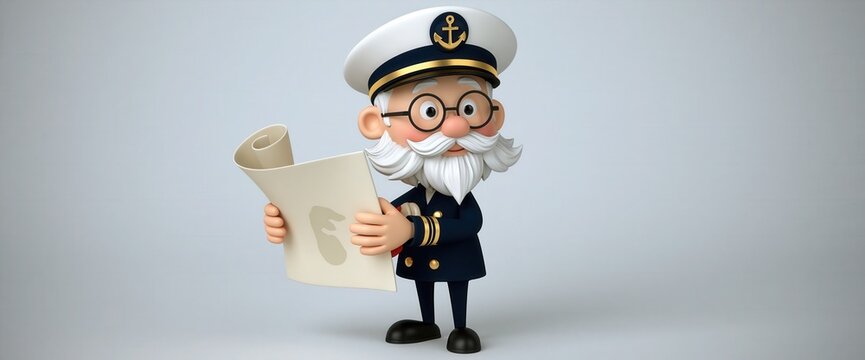 Elderly ship captain cartoon character with white beard reads a rolled map against a clean backdrop.