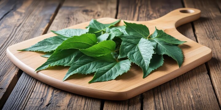 Fresh chaya leaves with veins and edges curled up tightly on a wooden cutting board