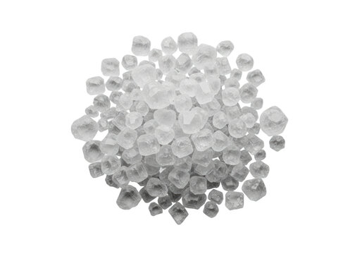 isolated pile of raw, natural coarse rock salt crystals (halite) in an ultra-detailed macro overhead view on a transparent studio backdrop. concept of crystalline structure perfection