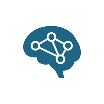 Blue icon of human brain with connected neural network nodes with network connection symbol, brain