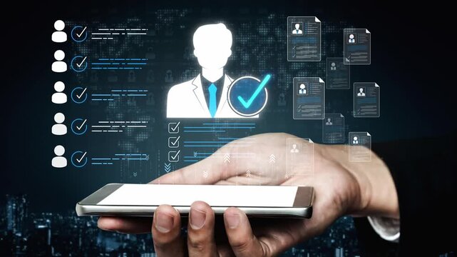 Hand Holding Smartphone Displaying Digital Interface with User Profiles Checkmarks Data Analytics Background and Modern Technology Concept Sigmoid
