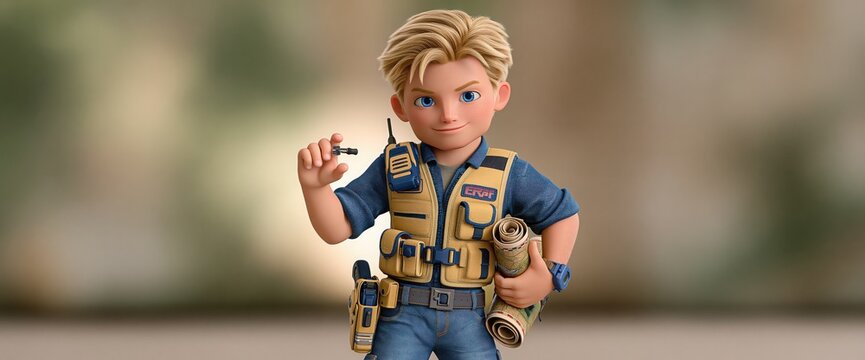 Young boy scout character wearing a tactical vest holds a rolled map and radio outdoors.