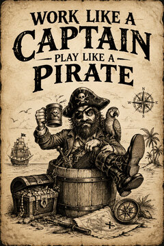 Bearded pirate sitting inside wooden barrel holding mug with parrot while treasure chest sits nearby on sandy beach background scenery