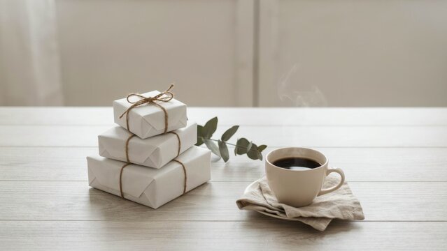 Stacked Minimalist White Gift Boxes Beside Coffee Cup on Table