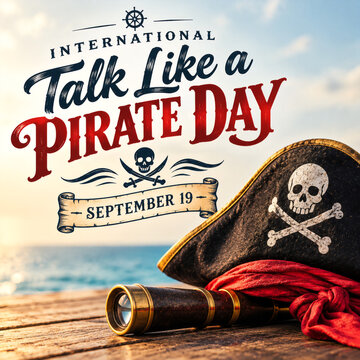 International talk like a pirate day celebration graphic featuring vintage brass telescope and weathered black captain hat on wooden deck