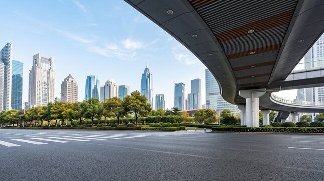 Empty asphalt road foreground with modern city skyline skyscrapers background under clear blue sky