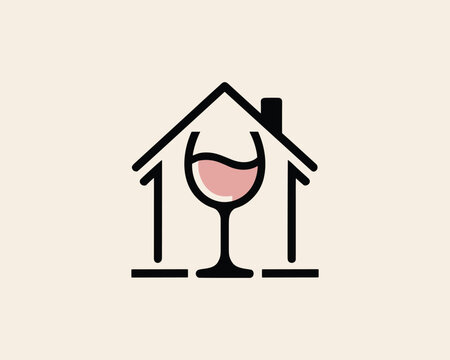 Minimalist logo design featuring a wine glass integrated into a house outline
