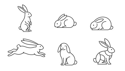 Fototapeta premium Set of six simple rabbit and bunny line art drawings in various poses including sitting, running, and standing up.