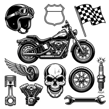 Vintage Motorcycle Illustration Set With Skull, Helmet, Engine Parts and Racing Flag Designs